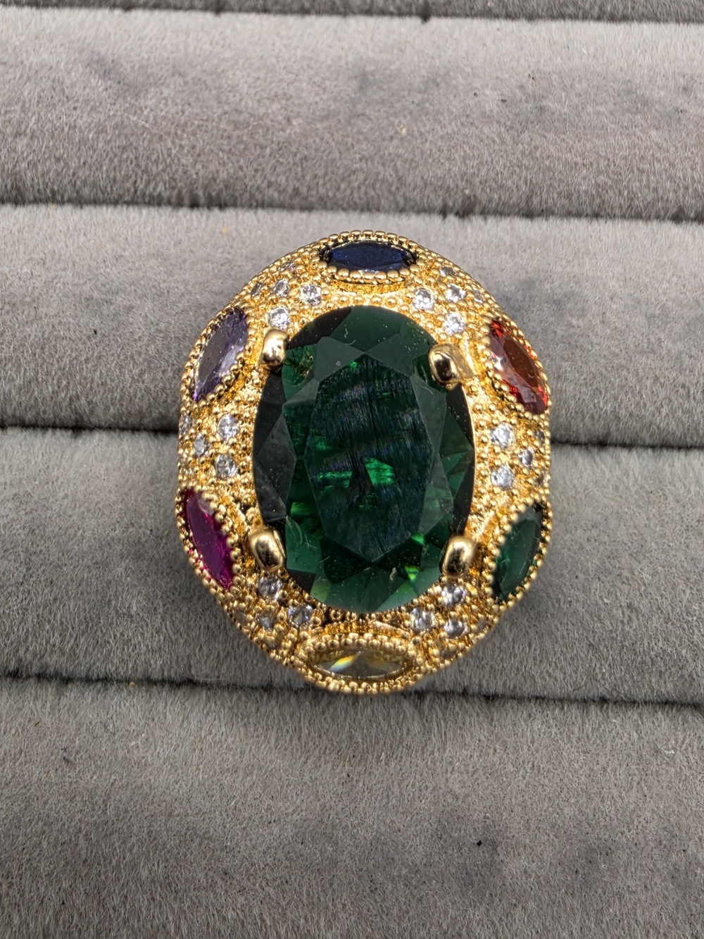 Gold-Tone Multistone Cocktail Ring Size 6 1/2 with Emerald Center